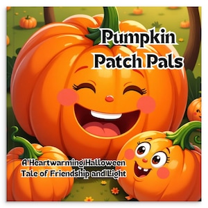 Puede incluir: Portada de libro infantil con calabazas naranjas sonrientes con tallos verdes. El título "Pumpkin Patch Pals" está encima de las calabazas. El texto "A Heartwarming Halloween Tale of Friendship and Light" está debajo.