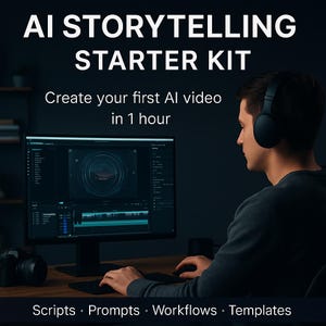 Puede incluir: Imagen que promociona un kit de inicio de narración de IA. El texto dice "AI STORYTELLING STARTER KIT" y "Crea tu primer vídeo de IA en 1 hora". Una persona con auriculares trabaja en un ordenador con software de edición de vídeo. La parte inferior de la imagen enumera "Scripts • Prompts • Workflows • Templates".
