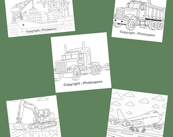 May include: Collection of five black and white line drawings of transportation vehicles. Includes a cargo ship, dump truck, semi-truck, excavator, and airplane. Each drawing has the text "Copyright - Photospere".