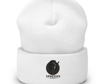 Athena the Resolute Defender Embroidered Beanie, Knit Cuffed Winter Hat