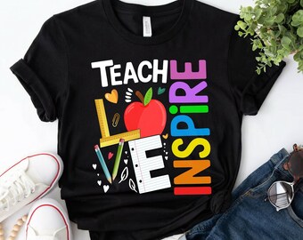 Camiseta "Enseña, ama, inspira", Camiseta divertida para profesores, Camiseta "Enseña, paz", Camiseta de regreso a clases, Camiseta para profesores de primer grado, Camiseta de agradecimiento para profesores