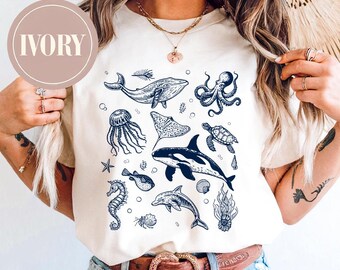 Camiseta acogedora para amantes del océano, camiseta unisex cálida, camiseta de mezcla gruesa para buceadores, linda camiseta de playa de verano, camiseta para amantes del océano, camiseta bordada