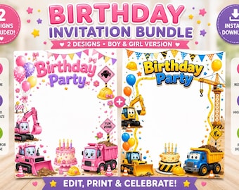 Construction Birthday Invitation Bundle | Pink & Blue Excavator, Boy Girl Party (Digital Download)