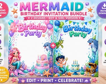 Mermaid Birthday Invitation Bundle | Boy & Girl Under The Sea Party Invite (Digital Download)