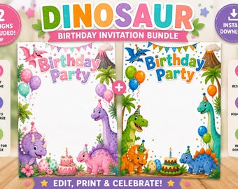 Dinosaur Birthday Invitation Bundle | 2 Designs, Editable Template (Digital Download)