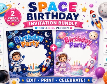Space Birthday Invitation Bundle | Boy & Girl Astronaut Party (Editable Template)