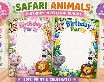 Safari Birthday Invitation Bundle | Jungle Animals Party Invite (Digital Download)
