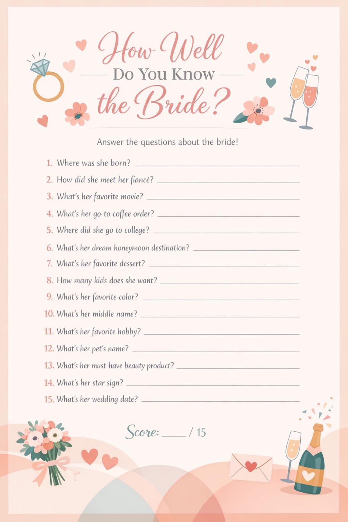 How Well Do You Know the Bride Game | Bridal Shower Printable | Elegant ...