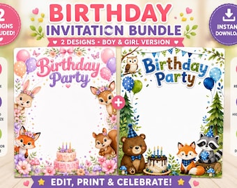 Woodland Floral Birthday Invitation Bundle | Boy Girl Editable Template (Digital Download)