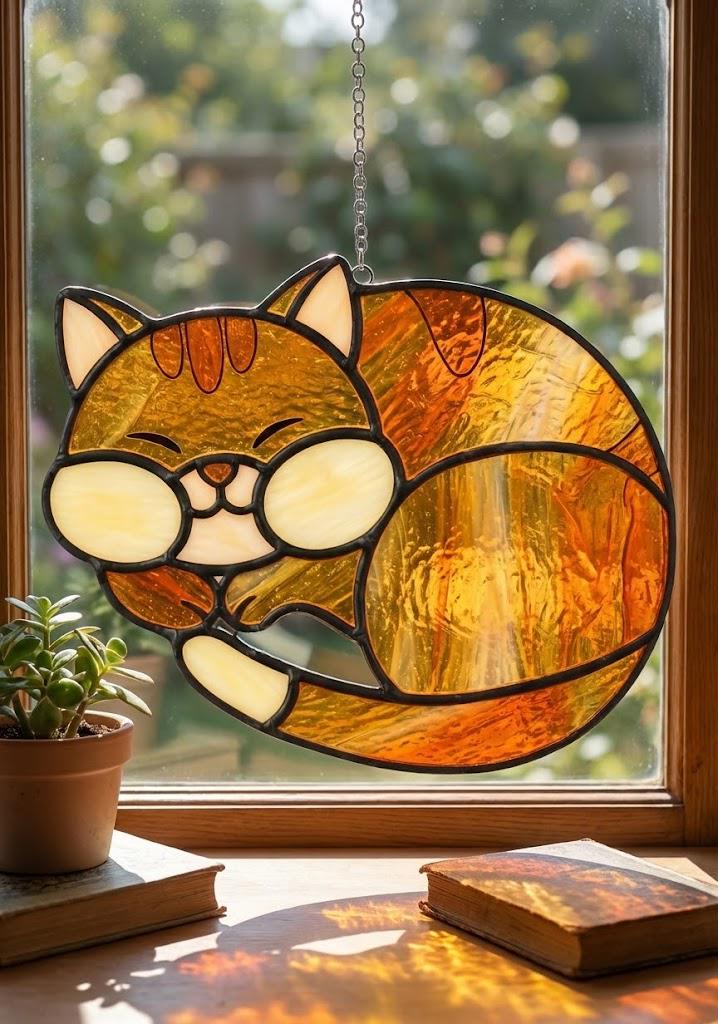 Orange Tabby Cat Stained Glass Pattern PDF | Sleeping Kitten Suncatcher ...