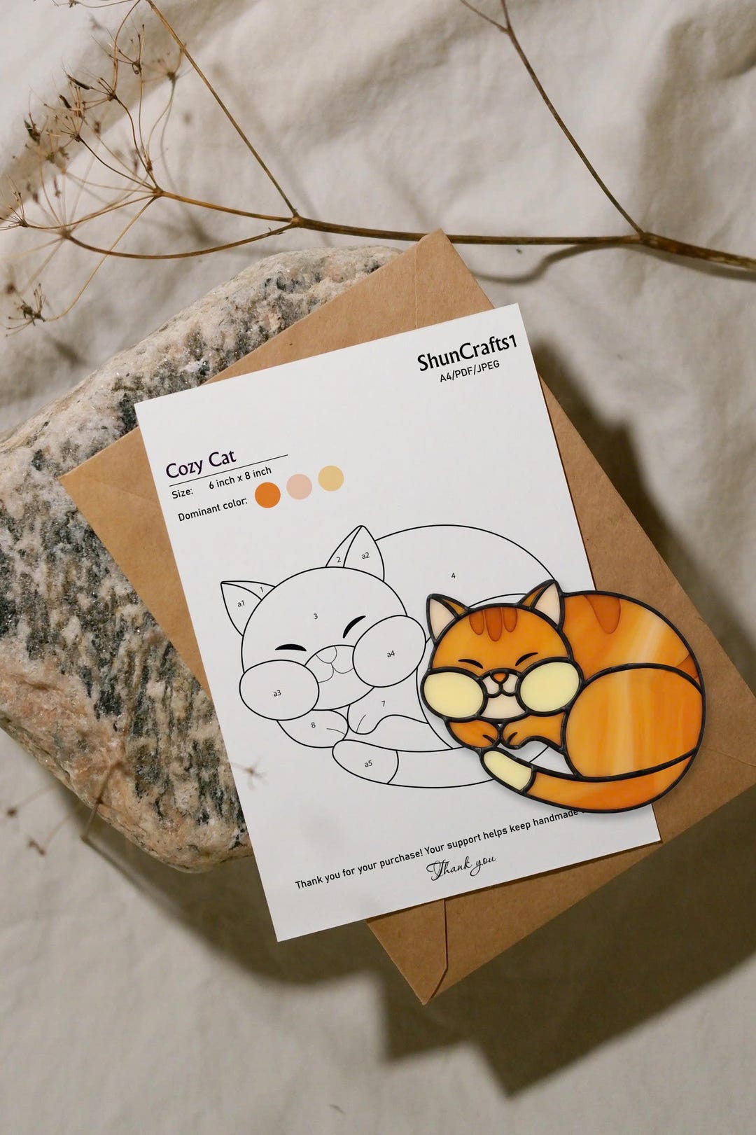 Orange Tabby Cat Stained Glass Pattern PDF | Sleeping Kitten Suncatcher ...