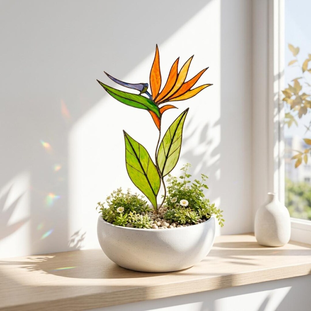 Stained Glass Bird of Paradise Plant Stake, Handmade Tropical Flower ...