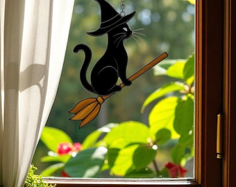 温室の黒猫：ステンドグラス風クリスマスオーナメント - 本物のガラス