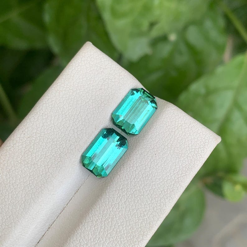 May include: Two rectangular, emerald-cut gemstones with a vibrant teal color are displayed on a white surface. The gems have a faceted design, reflecting light. The background features blurred green foliage, enhancing the gems' color.