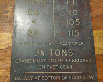 Vintage Solid Brass Crane Operating Sign