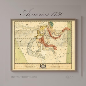 May include: Framed vintage print of the Aquarius constellation from 1750. The artwork depicts a figure pouring water from a golden vessel, with a red sash and green head covering. The print includes text and a grid pattern.