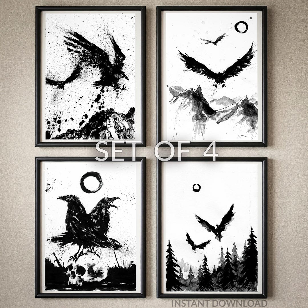 Munnien Norse Mythology Raven Prints, Huginn Muninn Ink Drawings, Gothic ...