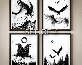 Noorse mythologie raafafdrukken, Huginn Muninn-inkttekeningen, Gothic Academia Wall Art (digitale download)