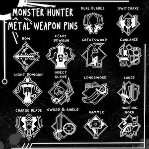 Może przedstawiać: Czarno-biała grafika metalowych przypinek do broni Monster Hunter. Obraz przedstawia różne wzory broni, w tym Dual Blades, Switch Axe, Bow, Heavy Bowgun, Greatsword, Gunlance, Light Bowgun, Insect Glaive, Longsword, Lance, Charge Blade, Sword & Shield, Hammer i Hunting Horn.