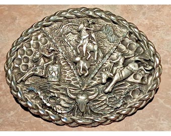 Fivela de cinto vintage EGE Metal Western Rodeo, fabricada nos EUA em 1992.