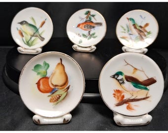 Set van 5 vintage handgeschilderde miniatuur decoratieve borden met vogels en fruit 2" borden