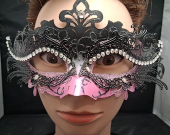 Black and Pink Laser-Cut Masquerade mask with Rhinestones Adult Size