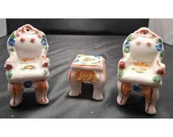 Vintage Porcelain Dollhouse Miniature Furniture set: Two Chairs and Table