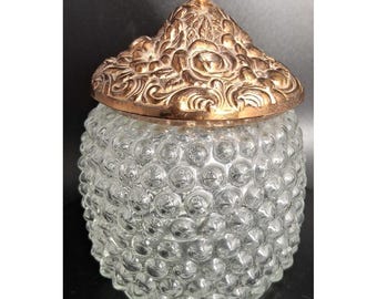 Vintage Clear Glass Hobnail Jar with Ornate Gold Tone Metal Lid w/ C-105 WB