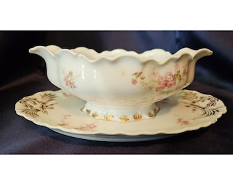 Haviland Limoge France  Gravy With Attached Under Plate w/Gold and Pink Roses