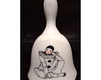 Campanello da portata vintage in porcellana Pierrot Clown, ceramica bianca, mimo, parte superiore argentata, 8,25 cm