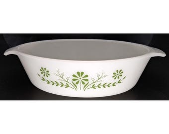 VTG Glasbake 433 Green Daisy Milk Glass Oval Baking Dish Casserole Dish