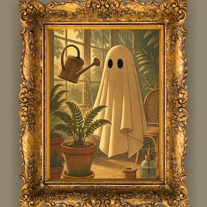 Puede incluir: Una impresión artística enmarcada que presenta un fantasma caprichoso cuidando plantas en macetas en una habitación soleada. El fantasma, envuelto en una sábana, tiene ojos ovalados negros. Un marco dorado y ornamentado rodea la obra de arte. Se ve una regadera.