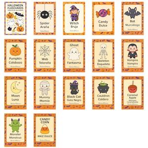 以下が含まれることがあります： ハロウィーンのフラッシュカードのセットで、スペイン語と英語のイラストとテキストが使用されています。カードには、クモ、魔女、キャンディー、コウモリ、カボチャ、クモの巣、幽霊、スケルトン、吸血鬼、月、ミイラ、黒猫、大釜、キャラメルアップル、モンスター、キャンディーコーンが描かれています。