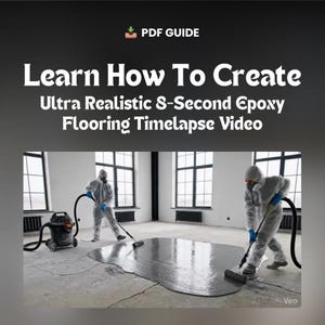 May include: Image promoting a PDF guide on creating epoxy flooring timelapse videos. The image shows two people in protective suits applying a dark gray epoxy coating to a concrete floor. The text reads "Learn How To Create Ultra Realistic 8-Second Epoxy Flooring Timelapse Video."