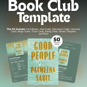 May include: A digital book club template kit featuring over 50 premium pages. The design includes a central book cover titled Good People by Patmeena Sabit, flanked by review cards and discussion guides. Text includes Best Offer and Instant PDF Download.