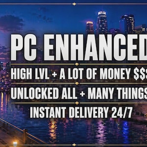 Peut inclure: Image numérique avec le texte "PC ENHANCED" sur un fond de paysage urbain nocturne, avec des yachts et des palmiers. Le texte supplémentaire comprend "HIGH LVL + A LOT OF MONEY", "UNLOCKED ALL + MANY THINGS", et "INSTANT DELIVERY 24/7".