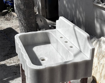 Handcrafted White Marble Fluted Vanity Sink, Integrated Backsplash Bathroom Basin