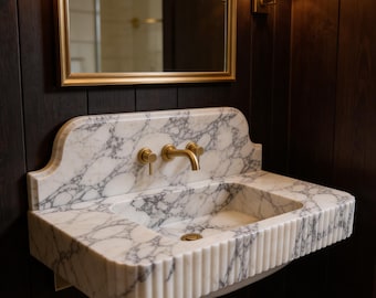 Calacatta lila marmeren wastafel met achterwand | Aanpasbare luxe wandgemonteerde badkamer- en keukenwastafel
