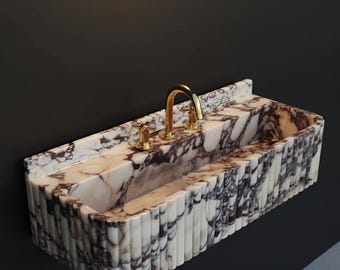 Handmade Calacatta Flieder Marmor Wandhalterung Waschbecken | Geriffelte Stein Eitelkeit