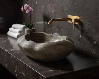 Lavabo de travertino, lavabo de piedra natural, lavabo de baño, lavabo de forma orgánica, lavabo de tocador, lavabo de travertino plateado