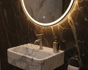 Calacatta lila marmeren wastafel | Handgemaakte natuurstenen wasbak | Luxe badkamermeubel | Modern klassiek ontwerp