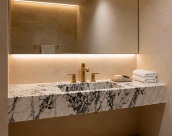 Calacatta Viola Marble Wall Mount Sink | Integrated Floating Vanity | Luxury Bathroom Fixture