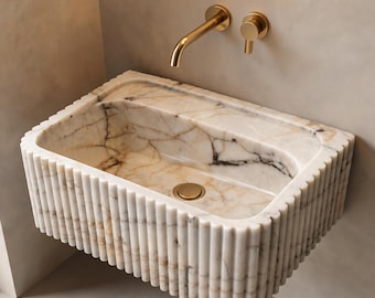 Calacatta Gold Marble Sink | Customizable Luxury Wall-Mounted Bathroom & Kitchen Basin | Custom Size, Pattern, Faucet Holes