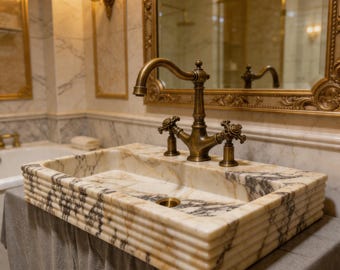 Marble Bathroom Sink, Fluted Marble Sink, Luxury Wall Mount Sink, Stone Vanity Sink, Calacatta Viola Marble Basin