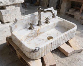 Calacatta Gold Marble Sink, Fluted Marble Sink, Luxury Wall Mount Bathroom Sink, Handmade Stone Vessel Sink with Backsplash