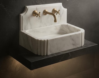Handcrafted White Marble Sink: Natural Stone Basin, Brass Details