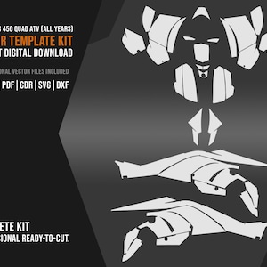 Peut inclure: Kit de gabarit vectoriel pour le quad Can-Am DS 450, toutes années. Le design est en blanc sur fond gris foncé. Le texte comprend "VECTOR TEMPLATE KIT" et "INSTANT DIGITAL DOWNLOAD". Comprend 6 fichiers vectoriels professionnels.