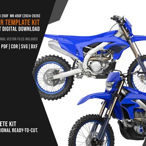 Puede incluir: Dos motos de cross azules Yamaha WR 250F y WR 450F. La imagen incluye el texto "VECTOR TEMPLATE KIT" y "DESCARGA DIGITAL INSTANTÁNEA". Las motos tienen neumáticos negros y detalles plateados y azules. También está presente el texto "COMPLETE KIT PROFESSIONAL READY-TO-CUT".