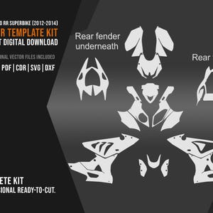 Puede incluir: Kit de plantilla vectorial digital para una BMW S 1000 RR Superbike (2012-2014). La imagen muestra un kit completo con varias piezas, incluyendo guardabarros traseros, en blanco sobre un fondo gris oscuro. El texto incluye "Vector Template Kit" y opciones de tipo de archivo.