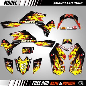May include: A collection of black, yellow, and red Suzuki LTR 450R ATV graphics. The designs incorporate flames and the text "LTR" and "ASV". The number "23" is shown on one of the pieces. The text "FREE ADD NAME & NUMBER" is also visible.
